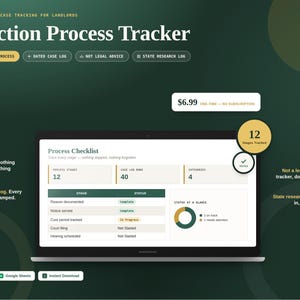 May include: A digital Eviction Process Tracker displayed on a laptop screen, featuring a 12-stage checklist, a dated case log, and a state research log. The interface includes a process checklist, status dashboard, and compatibility icons for Excel and Google Sheets.
