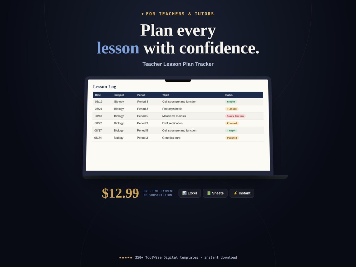 Teacher Lesson Plan Tracker — Google Sheets & Excel spreadsheet by ToolWise Digital
