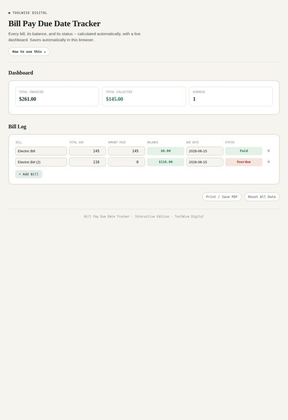 Bill Pay Due Date Tracker — Google Sheets & Excel spreadsheet by ToolWise Digital — view 3