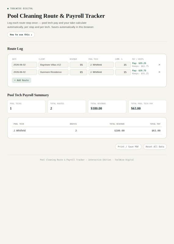 Pool Cleaning Route & Payroll Tracker — Google Sheets & Excel spreadsheet by ToolWise Digital — view 3