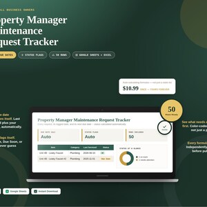 May include: A digital Property Manager Maintenance Request Tracker displayed on a laptop screen. The interface features columns for item, category, last serviced date, and status, with a circular chart showing status at a glance. Includes auto-calculating formulas, status flags, and compatibility with Google Sheets and Excel.