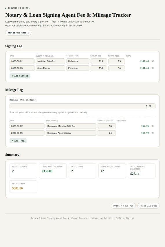 Notary & Loan Signing Agent Fee and Mileage Tracker — Google Sheets & Excel spreadsheet by ToolWise Digital — view 3