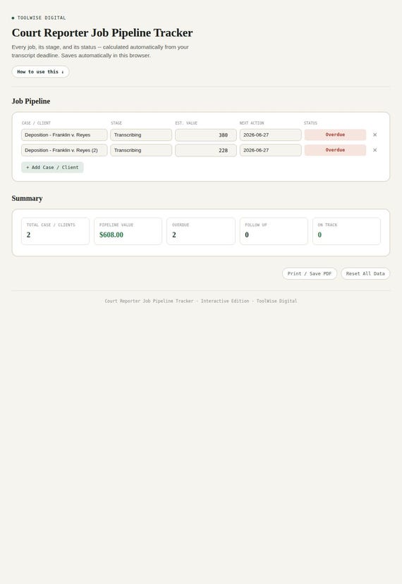 Court Reporter Job Pipeline Tracker — Google Sheets & Excel spreadsheet by ToolWise Digital — view 3