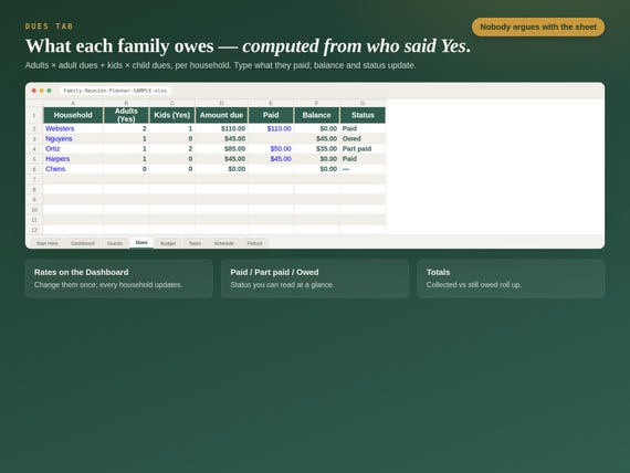 Family Reunion Planner Spreadsheet — Google Sheets & Excel spreadsheet by ToolWise Digital — view 4