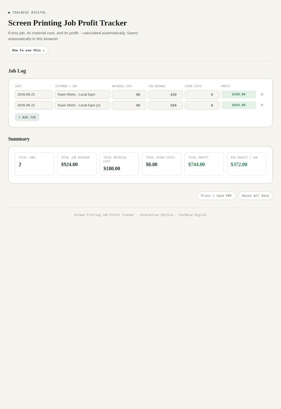 Screen Printing Job Profit Tracker — Google Sheets & Excel spreadsheet by ToolWise Digital — view 3