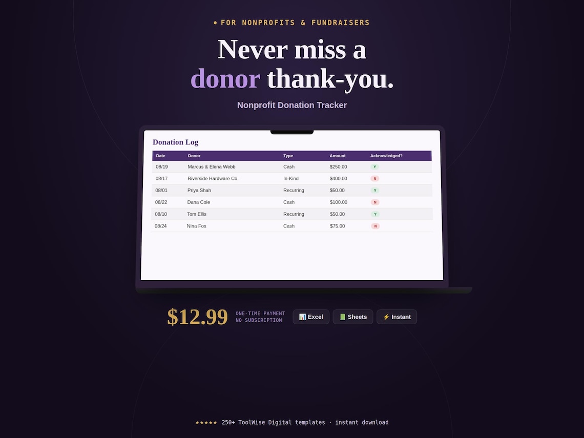 Nonprofit Donation Tracker — Google Sheets & Excel spreadsheet by ToolWise Digital