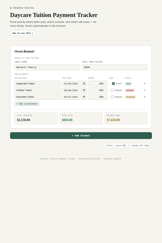 Daycare Tuition Payment Tracker — Google Sheets & Excel spreadsheet by ToolWise Digital — view 3