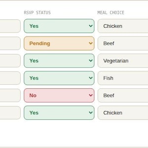 Interactive browser tool log table for Wedding Guest List & RSVP Tracker Spreadsheet
