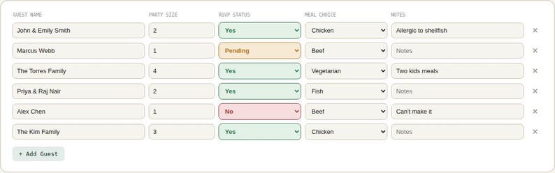 Interactive browser tool log table for Wedding Guest List & RSVP Tracker Spreadsheet