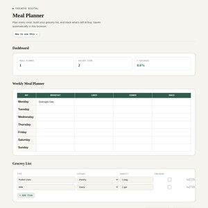 Meal planner tool showing the week's meals and grocery list