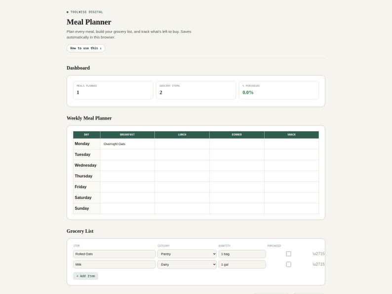 Meal planner tool showing the week's meals and grocery list