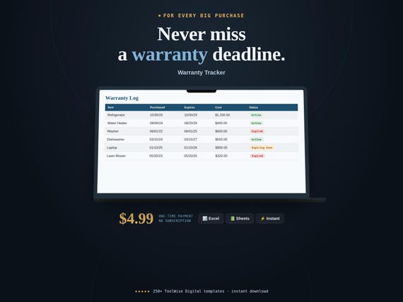 Product & Appliance Warranty Tracker Spreadsheet