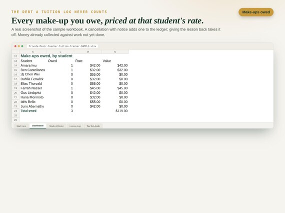 Private Music Teacher Tuition Tracker — Google Sheets & Excel spreadsheet by ToolWise Digital — view 2
