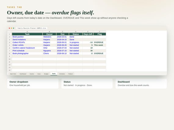 Family Reunion Planner Spreadsheet — Google Sheets & Excel spreadsheet by ToolWise Digital — view 9