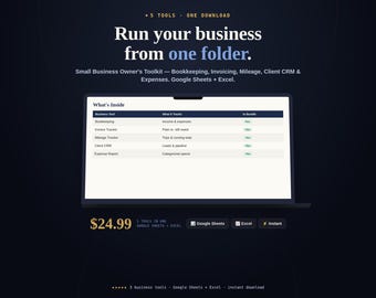 Small Business Toolkit | Bookkeeping, Invoice, Mileage, CRM, Expenses (Google Sheets + Excel)