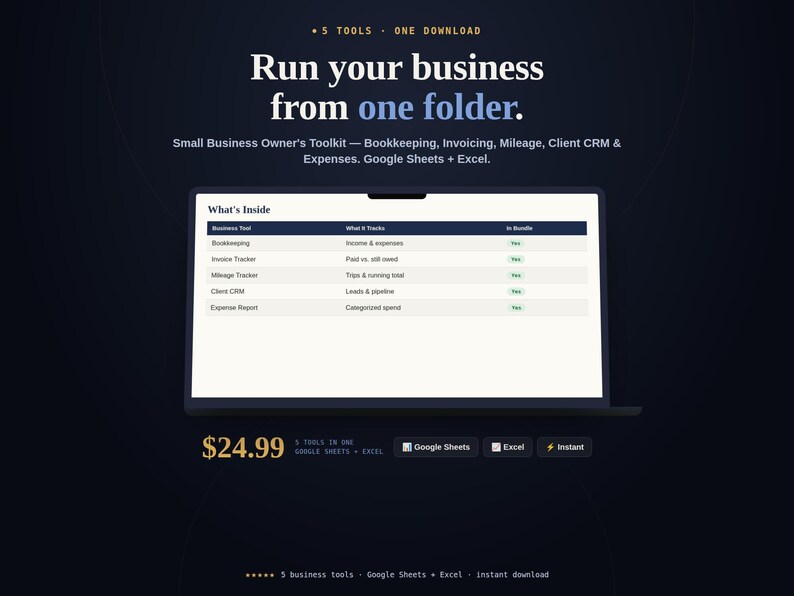 Small Business Owner's Toolkit bundle cover showing five business spreadsheets, price, and formats