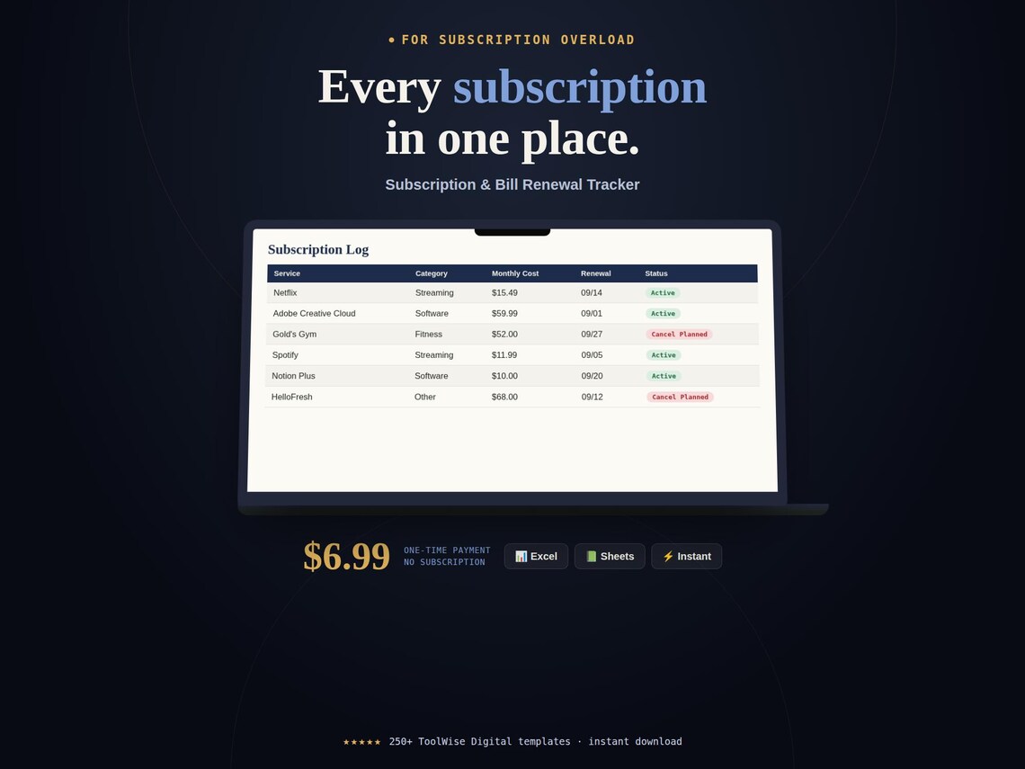 Subscription & Bill Renewal Tracker Spreadsheet — Google Sheets & Excel spreadsheet by ToolWise Digital