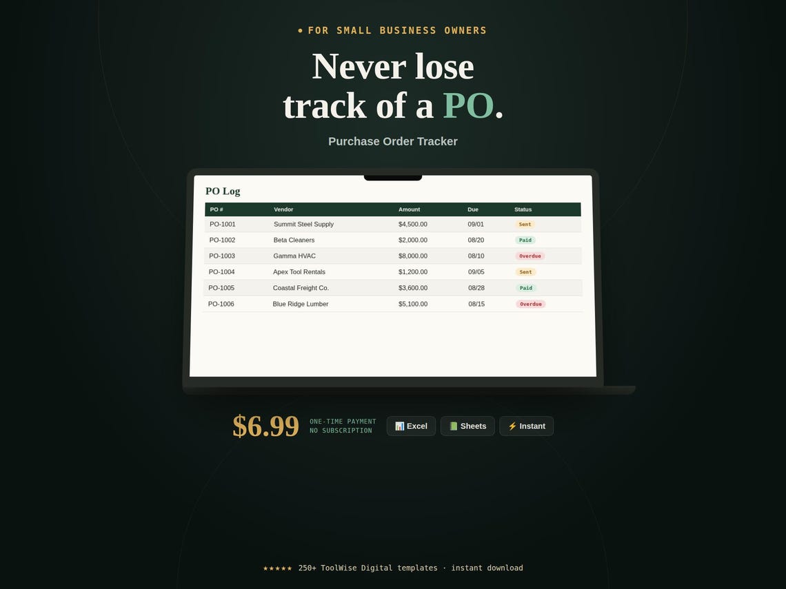 Purchase Order Tracker Spreadsheet — Google Sheets & Excel spreadsheet by ToolWise Digital