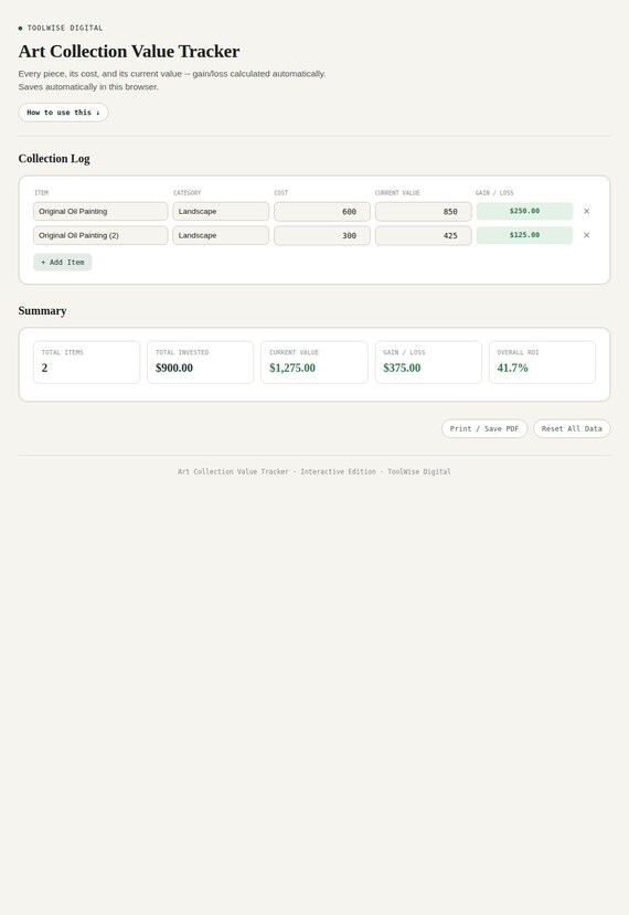 Art Collection Value Tracker — Google Sheets & Excel spreadsheet by ToolWise Digital — view 3