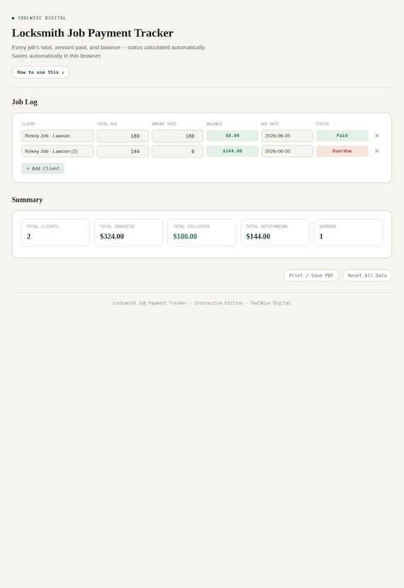 Locksmith Job Payment Tracker — Google Sheets & Excel spreadsheet by ToolWise Digital — view 3
