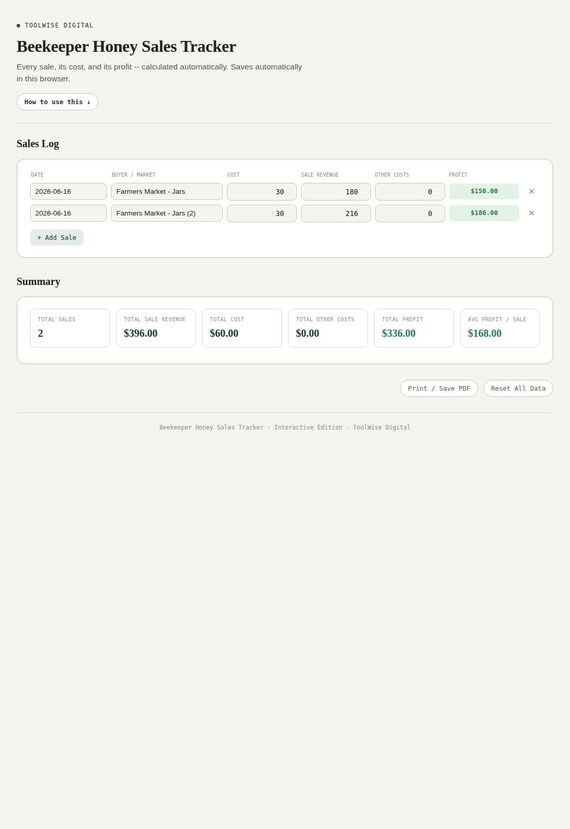 Beekeeper Honey Sales Tracker — Google Sheets & Excel spreadsheet by ToolWise Digital — view 3