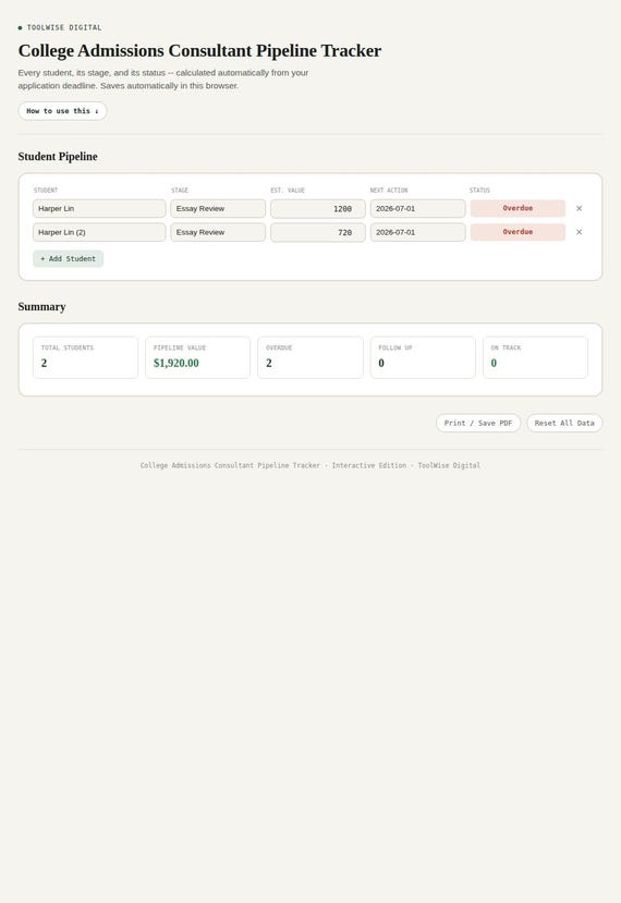 College Admissions Consultant Pipeline Tracker — Google Sheets & Excel spreadsheet by ToolWise Digital — view 3