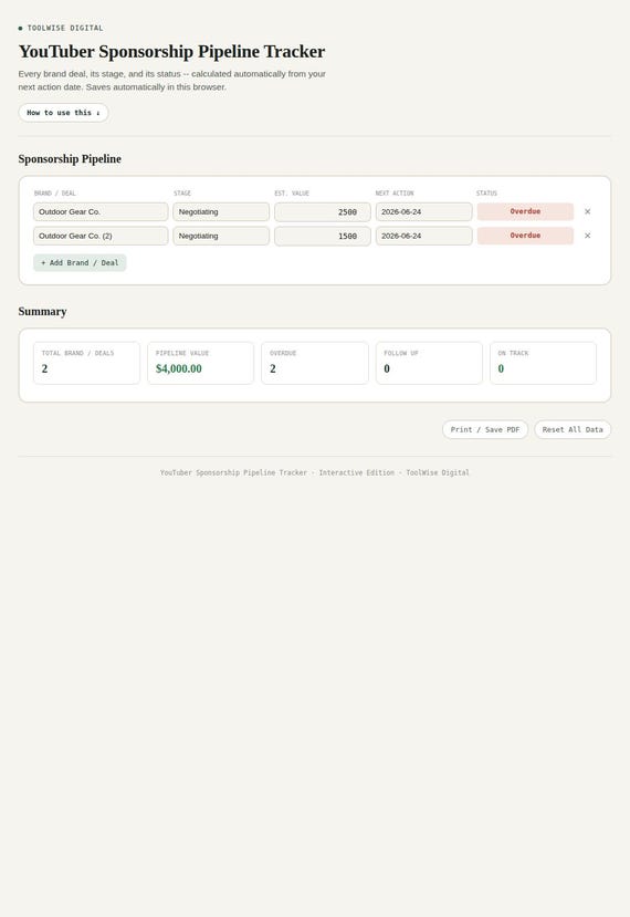 YouTuber Sponsorship Pipeline Tracker — Google Sheets & Excel spreadsheet by ToolWise Digital — view 3