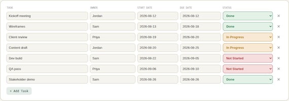 Project Timeline & Gantt Tracker — Google Sheets & Excel spreadsheet by ToolWise Digital — view 6