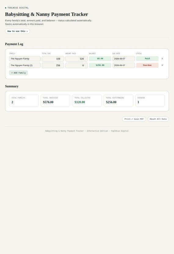 Babysitting & Nanny Payment Tracker — Google Sheets & Excel spreadsheet by ToolWise Digital — view 3