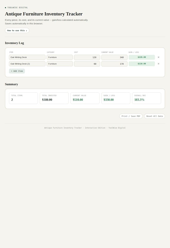 Antique Furniture Inventory Tracker — Google Sheets & Excel spreadsheet by ToolWise Digital — view 3
