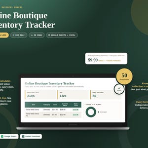 May include: A digital Online Boutique Inventory Tracker spreadsheet displayed on a laptop screen. The interface features columns for items, categories, costs, current values, and gain/loss calculations. Includes labels for auto gain/loss, ROI calculation, and 50 rows.