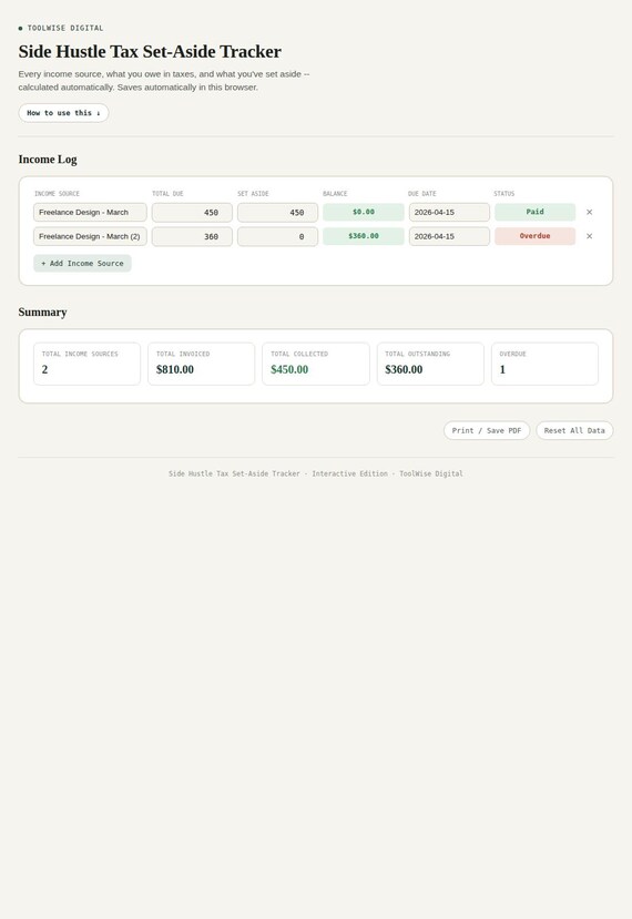 Side Hustle Tax Set-Aside Tracker — Google Sheets & Excel spreadsheet by ToolWise Digital — view 3
