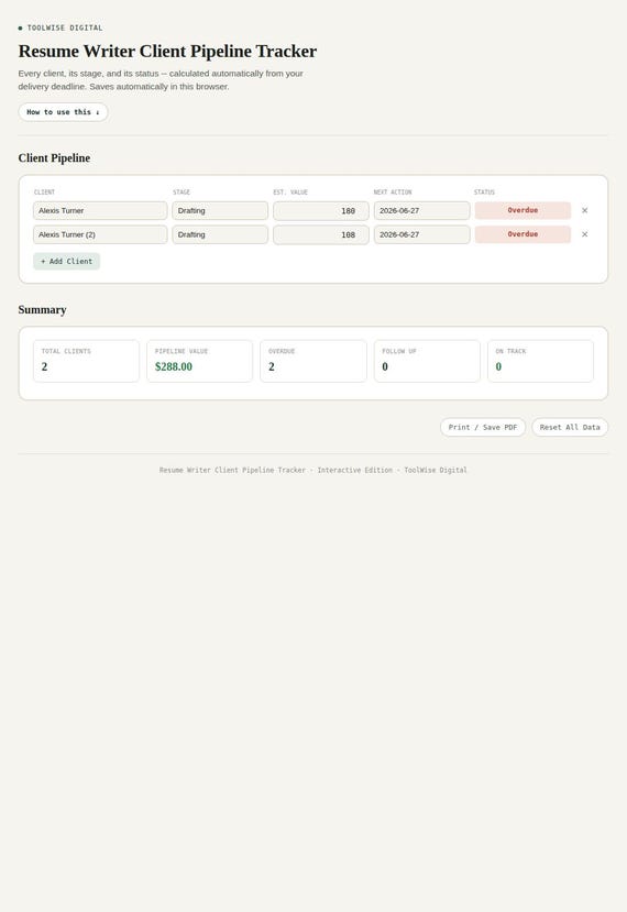 Resume Writer Client Pipeline Tracker — Google Sheets & Excel spreadsheet by ToolWise Digital — view 3