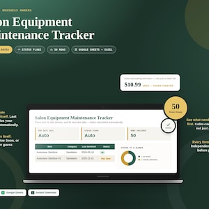 May include: A digital Salon Equipment Maintenance Tracker template displayed on a laptop screen. The interface features columns for equipment, category, last serviced date, and status flags. It includes a pie chart for status at a glance.