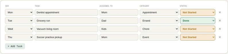 Interactive browser tool log table for Family Weekly Planner & Task Coordinator Spreadsheet