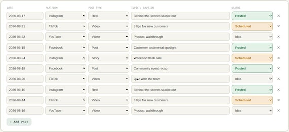 Content Calendar & Social Media Planner — Google Sheets & Excel spreadsheet by ToolWise Digital — view 6