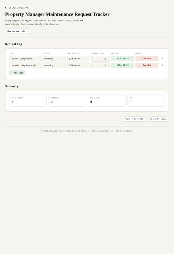 Property Manager Maintenance Request Tracker — Google Sheets & Excel spreadsheet by ToolWise Digital — view 3