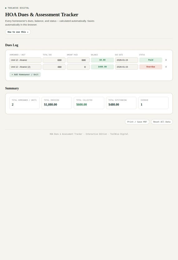 HOA Dues & Assessment Tracker — Google Sheets & Excel spreadsheet by ToolWise Digital — view 3