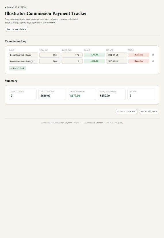 Illustrator Commission Payment Tracker — Google Sheets & Excel spreadsheet by ToolWise Digital — view 3