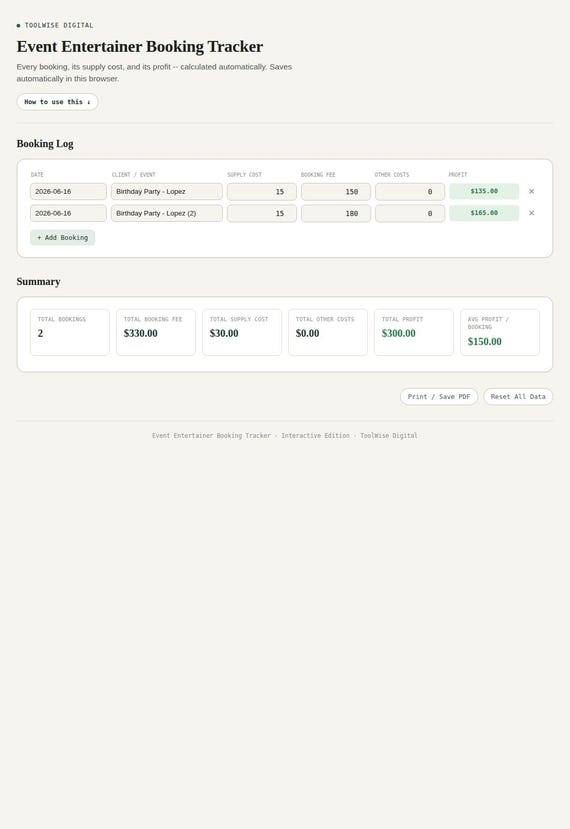 Event Entertainer Booking Tracker — Google Sheets & Excel spreadsheet by ToolWise Digital — view 3