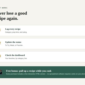 Three step how it works graphic and free bonus tool banner for Recipe Organizer & Cookbook Tracker Spreadsheet