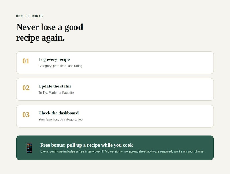 Three step how it works graphic and free bonus tool banner for Recipe Organizer & Cookbook Tracker Spreadsheet