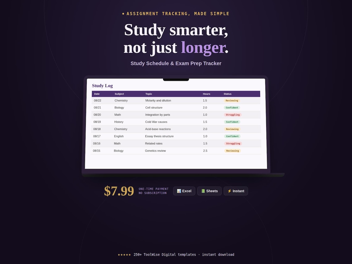 Study Schedule & Exam Prep Tracker — Google Sheets & Excel spreadsheet by ToolWise Digital