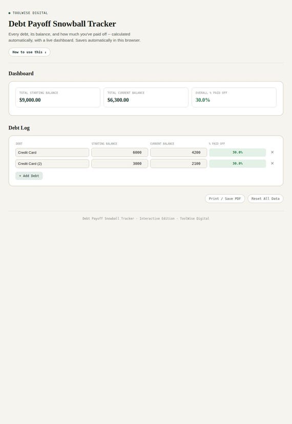 Debt Payoff Snowball Tracker — Google Sheets & Excel spreadsheet by ToolWise Digital — view 3