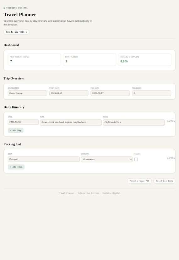 Travel Planner — Google Sheets & Excel spreadsheet by ToolWise Digital — view 3