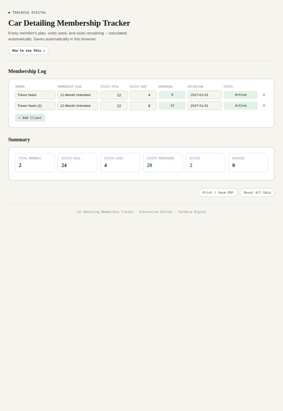 Car Detailing Membership Tracker — Google Sheets & Excel spreadsheet by ToolWise Digital — view 3