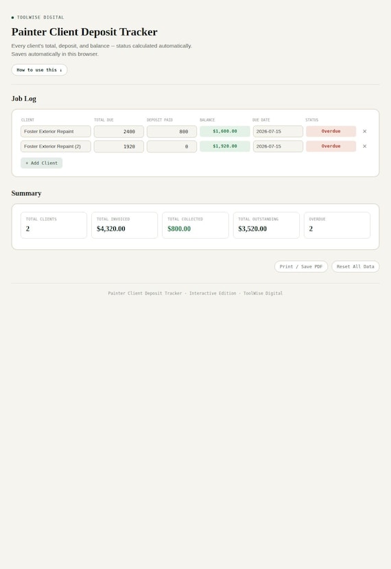 Painter Client Deposit Tracker — Google Sheets & Excel spreadsheet by ToolWise Digital — view 3