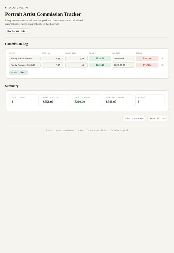 Portrait Artist Commission Tracker — Google Sheets & Excel spreadsheet by ToolWise Digital — view 3