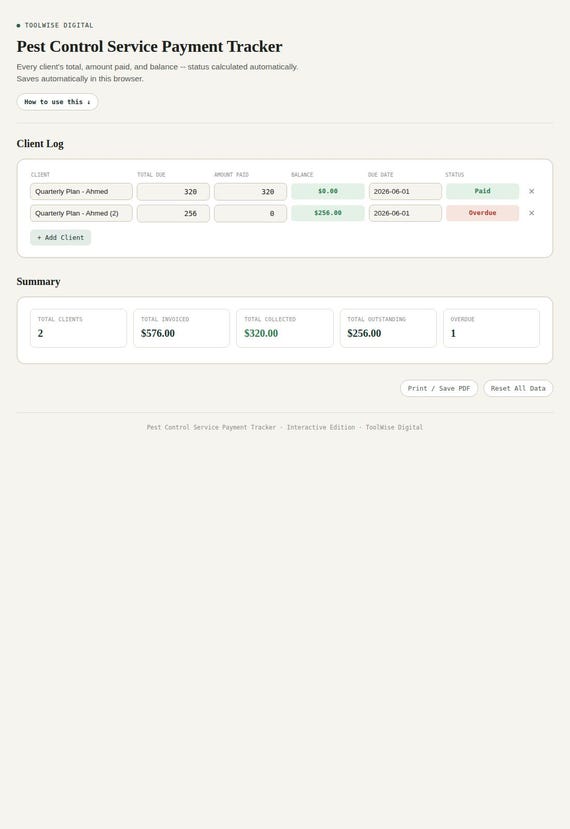 Pest Control Service Payment Tracker — Google Sheets & Excel spreadsheet by ToolWise Digital — view 3
