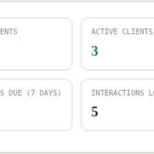 Screenshot of the free interactive HTML tool's Dashboard panel for Client Tracker & CRM, showing summary stat cards